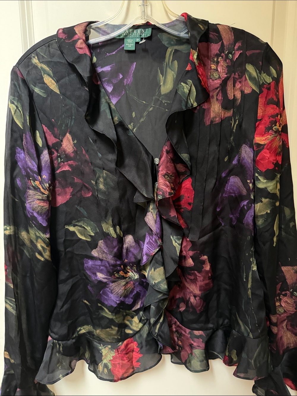 Lauren Ralph Lauren Black Floral Ruffle-Front Silk Blouse size 8P